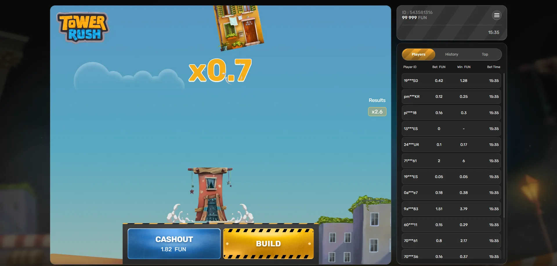 Tower Rush crash game by Galaxsys — official tower building casino game