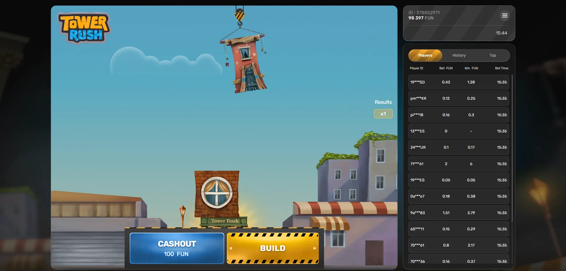 Tower Rush slot-style crash game — Galaxsys tower building mechanic